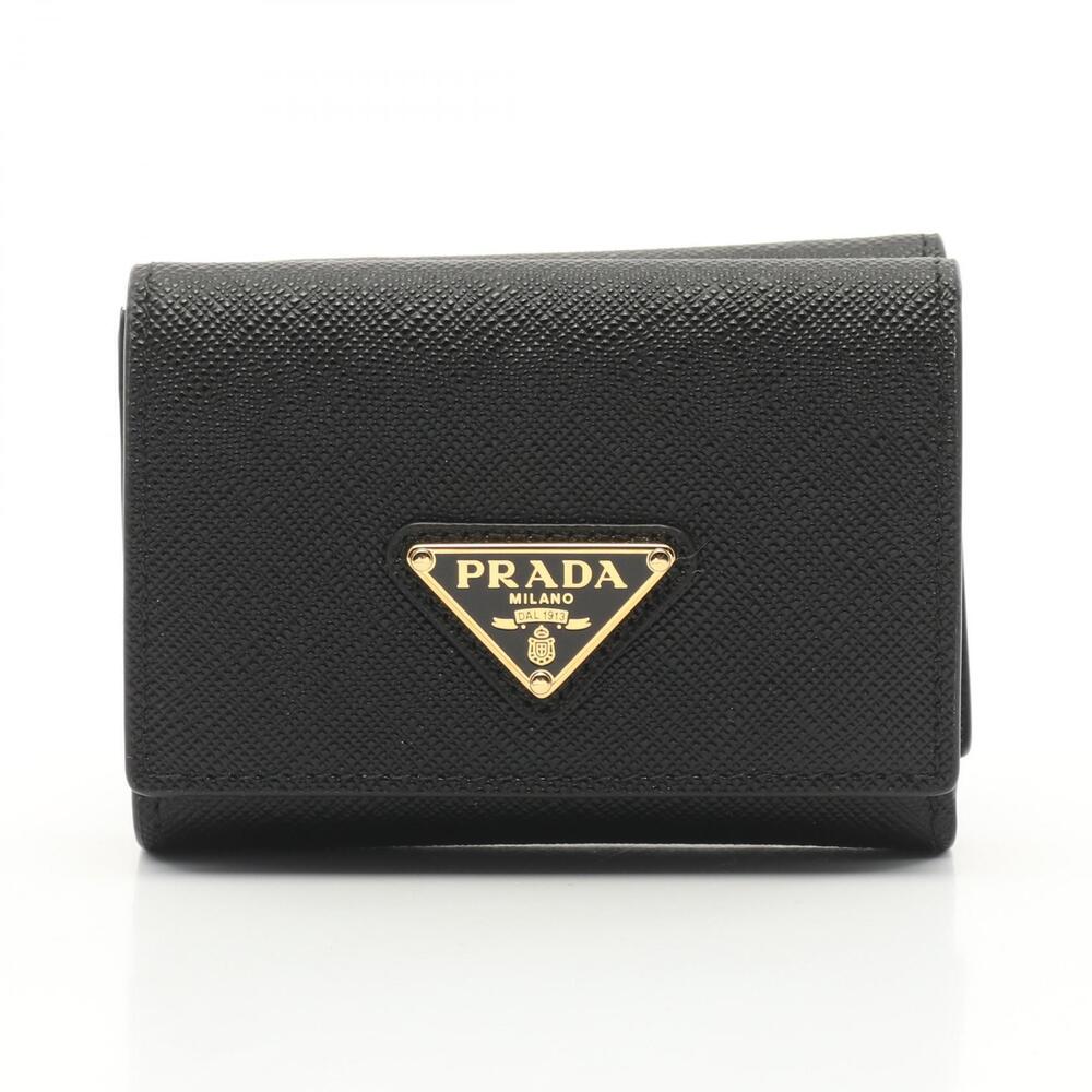 Prada Saffiano Triang Trifold Wallet Leather Black